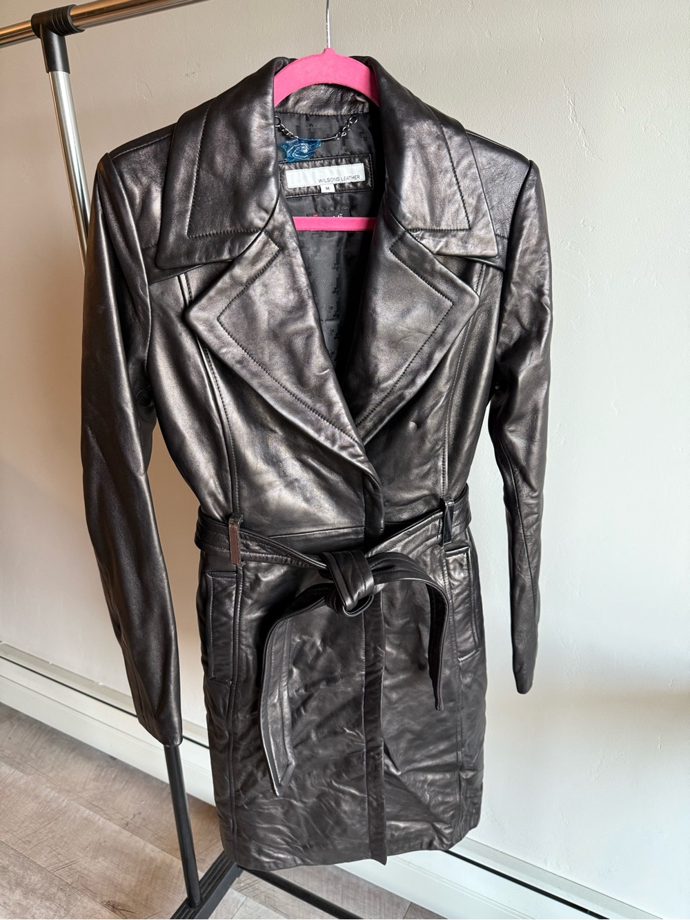Wilsons Leather Black Belted Leather Trench Coat